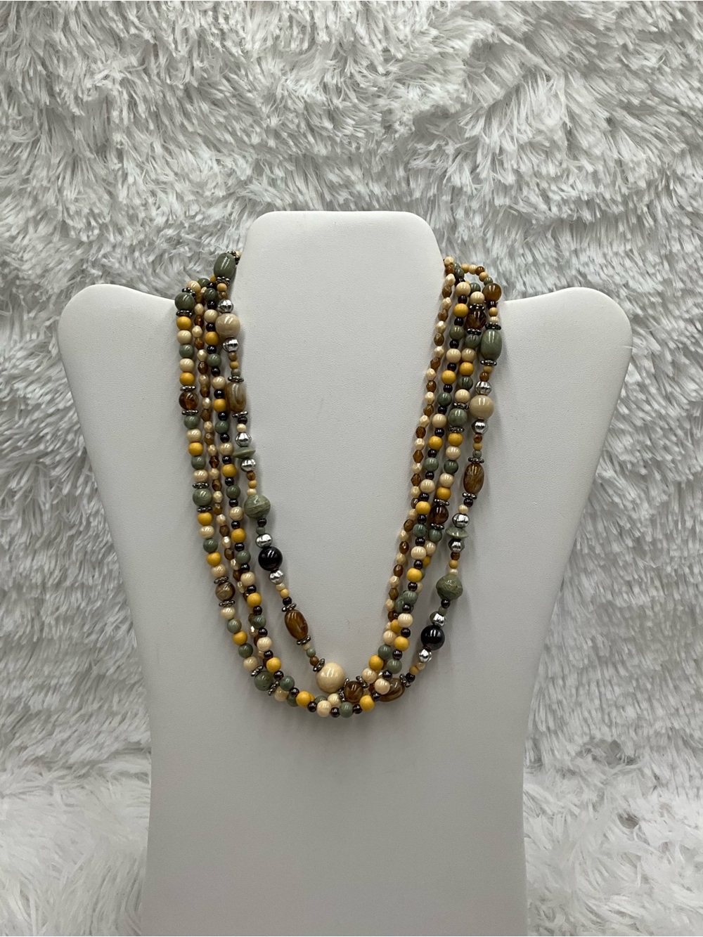Multi-Strand Beaded Statement Necklace Green Amber Cream Silver Tone Accents